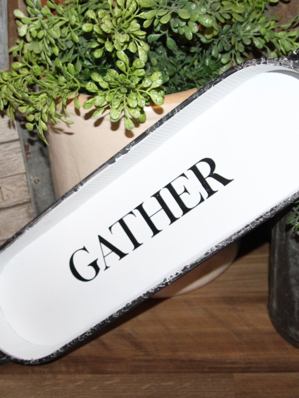 NEW Chippy Distressed Black & White Metal Farmhouse GATHER Oval Decor Tray